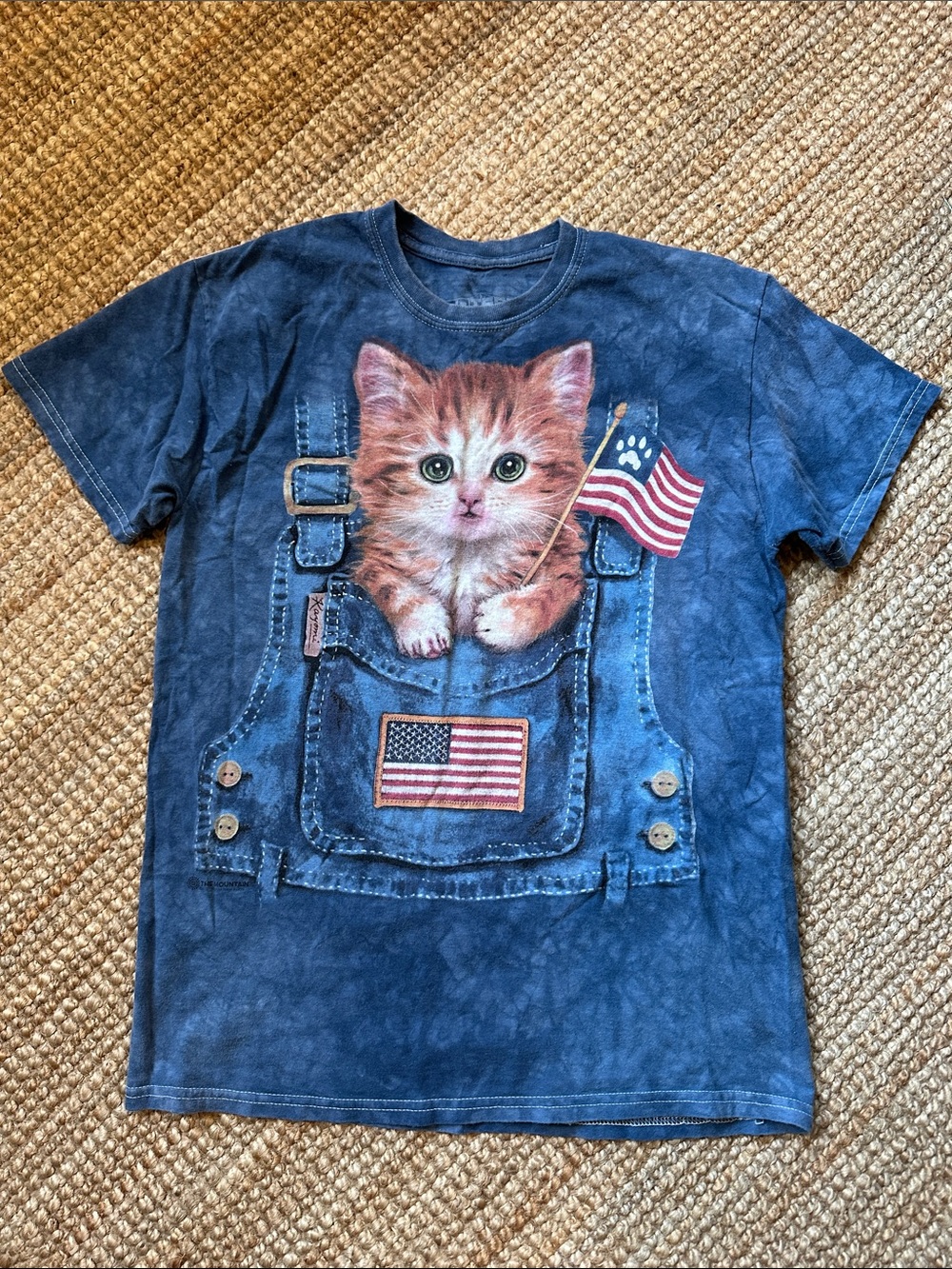 Novelty Kitten Pocket Tee with American Flag in Overalls